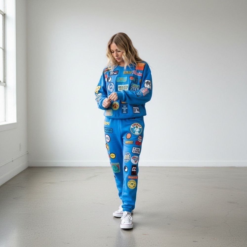 Aviator Nation VINTAGE PATCH CREW & SWEATPANTS - OCEAN - Picture 1 of 10